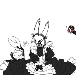 ambiguous_gender anthro armwear bodily_fluids bow_ribbon clothed clothing dress elbow_gloves exoskeleton female frilly frilly_clothing frilly_dress gloves group handwear maid_uniform question_mark red_eyes simple_background sweat sweatdrop text trio uniform white_background boopie hollow_knight_(franchise) team_cherry grimmchild_(hollow_knight) hornet_(hollow_knight) the_knight_(hollow_knight) arthropod insect vessel_(species) absurd_res english_text hi_res sibling_(lore)