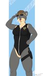 anthro biped black_clothing black_swimwear blue_eyes breasts brown_hair clothed clothed_anthro clothed_female clothing eyewear female fingers fist front_view fur grey_body grey_fur hair holster humanoid_hands knife logo looking_at_viewer medium_breasts muscular muscular_anthro muscular_female one-piece_swimsuit pose raised_arm simple_background solo standing sunglasses swimwear tan_body tan_fur text tight_clothing nugget_(artist) yuri_(nugget) felid mammal prehistoric_species saber-toothed_tiger artist_name colored dated hi_res portrait three-quarter_portrait