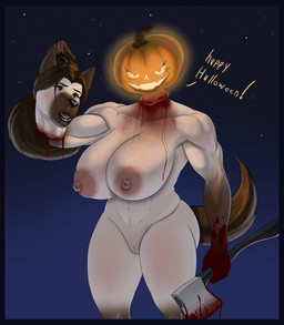 abs anthro axe big_breasts blood blood_drip blood_splatter blue_border bodily_fluids border breasts decapitation detachable detachable_head dripping female for_a_head genitals glowing gore holding_axe holding_head holding_object holding_own_head holidays huge_breasts jack-o'-lantern looking_at_viewer muscular muscular_female night nipples nude pumpkin_head severed_body_part severed_head sky solo standing star starry_sky text thick_thighs vein veiny_breasts vulva pancarta halloween maria_(pancarta) canid canine canis domestic_dog german_shepherd herding_dog mammal object_head pastoral_dog undead absurd_res english_text hi_res portrait three-quarter_portrait