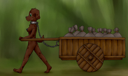 anthro areola bag biped black_nose black_spots bound breasts brown_body cart chain chained claws collar collar_only eyebrows female floppy_ears green_eyes head_tuft markings nipples nude plantigrade short_tail side_view simple_background solo spots spotted_body tail toe_claws tuft walking animew coco_chockshund_(animew) canid canine canis domestic_dog mammal 2023 hi_res