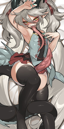 bottomwear clothing dakimakura front_view genitals gynomorph horn intersex legwear long_tail long_tongue penis pointy_ears raised_arm ridged_penis skirt solo tail tail_around_leg thigh_highs tongue mochi_taichi mythology xenoluxe theli_(xenoluxe) animal_humanoid dragon dragon_humanoid humanoid mythological_creature mythological_scalie scalie absurd_res dakimakura_design hi_res