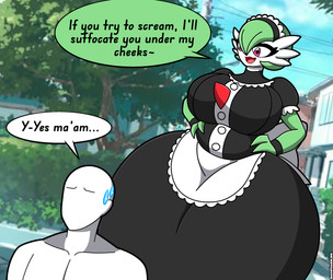 anthro big_breasts big_butt breasts butt clothing duo faceless_character faceless_male female gardenia_voir huge_butt huge_hips hyper hyper_butt hyper_hips maid_uniform male slightly_chubby uniform wide_hips zerosenpie nintendo pokemon gardevoir generation_3_pokemon human mammal pokemon_(species) hi_res