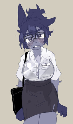 anthro big_breasts blue_body blue_eyebrows blue_eyes blue_fur blue_hair bodily_fluids bottomwear bra bra_outline breasts button_(fastener) chest_tuft clothed clothed_anthro clothed_female clothing collared_shirt dress_shirt eyebrow_through_hair eyebrows eyewear female female_anthro fingers front_view fur glasses hair handbag ponytail rectangular_glasses shirt simple_background skirt solo sweat thick_eyebrows topwear translucent translucent_clothing translucent_hair translucent_shirt translucent_topwear tuft underwear wet wet_clothing wet_hair white_clothing white_shirt white_topwear puppy_in_space mini_(puppy_in_space) canid canine canis domestic_dog mammal 2024 digital_drawing_(artwork) digital_media_(artwork) portrait three-quarter_portrait