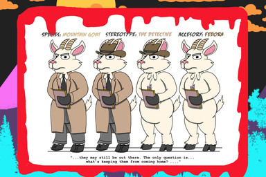 1980s_theme accessory anthro blood bodily_fluids bright_colors cheek_tuft chest_tuft clothing coat facial_tuft fedora fur hat headgear headwear hooves horn male mature_male middle_aged necktie no_genitals notebook nude pointy_ears solo tail text topwear trenchcoat tuft white_body white_fur alystairphantem the_party_animals bill_gruff_(the_party_animals) bovid caprine domestic_goat goat mammal 3:2 absurd_res english_text hi_res model_sheet