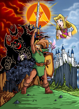 anthro armor bat_(shape) blonde_hair blue_eyes bone brown_hair castle clothing ear_piercing female gauntlets gloves group hair handwear hat headgear headwear long_hair male master_sword melee_weapon not_furry_focus outside piercing red_eyes shield skull sword triforce weapon lordstevie nintendo the_legend_of_zelda ganon link princess_zelda bat demon elf fairy humanoid hylian lizard mammal reptile scalie suine undead