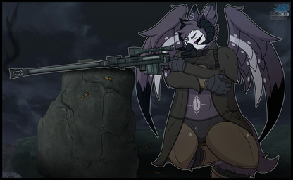 aiming anthro armor beak black_body black_border black_feathers black_sclera border bullet clothed clothing feathers grey_body grey_feathers gun horn jacket kneeling male markings on_one_knee outside purple_eyes ranged_weapon rifle shooting sniper_rifle solo topwear wasteland weapon white_body white_feathers wings blazkenzxy mrraven016 avian bird hybrid 2026 absurd_res digital_drawing_(artwork) digital_media_(artwork) hi_res signature