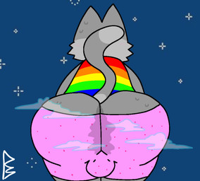 anthro big_butt bodily_fluids bottomwear bulge butt cape clothed clothing femboy fur grey_body grey_fur grey_tail male multicolored_cape multicolored_clothing musk musky_butt pear-shaped_figure pink_bottomwear pink_clothing presenting presenting_hindquarters rainbow_cape rainbow_clothing shorts solo sweat sweat_stain sweaty_butt sweaty_clothing tail thick_thighs tight_bottomwear tight_clothing tight_shorts wide_hips pelnsfw nyan_cat_(copyright) nyan_cat domestic_cat felid feline felis mammal aliasing digital_media_(artwork) meme