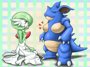 abstract_background anthro blush breast_envy breasts comparing comparing_breasts duo eyes_closed female kneeling looking_at_another looking_at_another's_breasts looking_at_breasts pokemorph red_eyes shadow small_breasts spikes stare tail thin_calves dokudoku10 nintendo pokemon gardevoir generation_1_pokemon generation_3_pokemon mammal nidoqueen pokemon_(species) 4:3