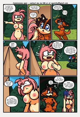 anthro areola belly big_breasts blue_eyes blush blush_lines bodily_fluids breasts brown_body brown_fur brown_pubes camping camping_tent campsite dialogue duo evergreen_tree female forest fur genitals grass green_eyes group hair male nipples nude nude_anthro nude_female orange_body orange_fur pine_tree pink_areola pink_body pink_fur pink_hair pink_nipples pink_quills plant pleading_eyes pubes quills_(anatomy) shrub speech_bubble sweat sweaty_face tan_belly tan_breasts tan_hands tan_mouth tent text tree vulva himitsu sqootshy sega sonic_boom sonic_the_hedgehog_(series) amy_rose fan_character sticks_the_jungle_badger badger bear eulipotyphlan hedgehog lagomorph leporid mammal mustelid musteline rabbit 2026 absurd_res comic english_text hi_res multiple_scenes