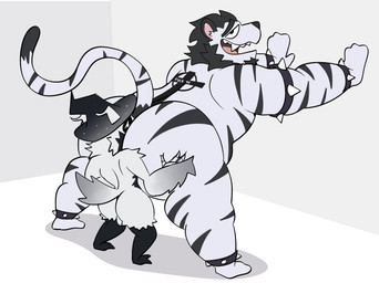 anal anthro beak biceps big_butt black_hair butt duo facial_hair feathers fur hair male male/male musclegut muscular muscular_anthro muscular_male nude open_mouth oral paws rimming rimming_male sex simple_background size_difference smile stripes tail teeth text white_body white_fur janjauwu elfein_(character) langdon_marston avian bird corvid corvus_(genus) crow felid feline felis mammal oscine pantherine passerine tiger hi_res