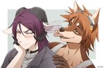 anthro anthro_on_anthro blush blush_lines brown_hair clothed clothing duo ear_piercing ear_ring eyebrows fangs fingers hair heterochromia horizontal_pupils interspecies male male/male piercing pupils purple_hair ring_piercing smile teeth tongue tongue_out seyumei keith_(seyumei) sky_(seyumei) bovid canid canine canis caprine dobermann domestic_dog goat mammal pinscher