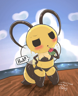2_antennae antennae_(anatomy) anthro bikini black_antennae black_arms black_bikini black_clothing black_eyes black_legs black_stripes black_swimwear black_text blue_sky clothing cloud day featureless_feet featureless_hands feet female female_anthro hand_on_hip hand_on_own_hip insect_wings looking_at_viewer markings multicolored_body open_mouth outside panties question_mark questioning_tone rectangular_speech_bubble red_tongue side-tie_panties sky solo standing stinger striped_body striped_markings stripes swimwear text tongue translucent translucent_wings two-piece_swimsuit two_tone_body underwear wet wet_body white_cloud wings yellow_body zeru_(ma) bug_fables moonsprout_games vi_(bug_fables) arthropod bee hymenopteran insect 2025 digital_media_(artwork) hi_res