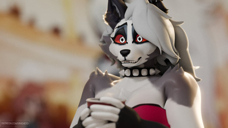arm_tuft blurred_background chest_tuft collar container cup female forced_smile shoulder_tuft solo solo_cup spiked_collar spikes tuft vinoveto hellaverse helluva_boss mythology loona_(helluva_boss) canid canid_demon canine demon hellhound mammal mythological_canine mythological_creature 16:9 3d_(artwork) digital_media_(artwork) hi_res watermark widescreen