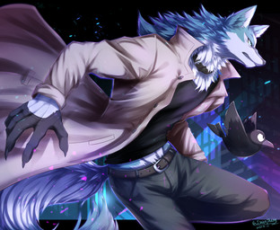 5_fingers ambiguous_gender anthro belt black_body blue_body blue_eyes blue_fur bottomwear clothed clothing coat collar duo fingers fluffy fluffy_tail fur gloves hair handwear male pants tail topwear white_body white_fur ivan-jhang brand_new_animal studio_trigger shirou_ogami avian canid canine canis mammal wolf 2020 hi_res