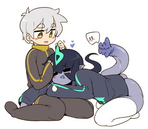 5_fingers black_hair blush bodily_fluids bottomless clothed clothing dipstick_tail drooling duo eyes_closed fingers grey_body grey_hair grey_skin hair heart_symbol humanoid_pointy_ears leggings legwear light_body light_skin living_tail long_tail male markings monster_girl_(genre) motion_lines multicolored_tail noseless not_furry open_mouth open_smile pale_skin pointy_ears pupils robe rubbing saliva side_view simple_background smile speech_bubble tail tail_markings tail_mouth thigh_highs unusual_anatomy unusual_pupils unusual_tail white_background white_pupils yellow_eyes doppel docu_(doppel) human humanoid mammal character_request pictographics