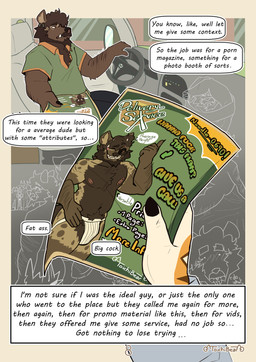 anthro arm_hair body_hair car chest_hair clothing delivery_(commerce) delivery_employee duo jockstrap male male/male multiple_piercings piercing text underwear vehicle toichibear felid hyena mammal pantherine tiger absurd_res comic english_text hi_res