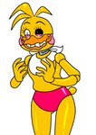 5_fingers anthro beak bib clothed clothing female fingers glistening glistening_body head_tuft heterochromia insane machine nightmare_fuel panties pink_cheeks pink_clothing pink_underwear scut_tail short_tail simple_background smile solo standing tail teeth tuft underwear yellow_body e-c98 five_nights_at_freddy's five_nights_at_freddy's_2 scottgames toy_chica_(fnaf) animatronic avian bird chicken galliform gallus_(genus) phasianid robot digital_media_(artwork) hi_res