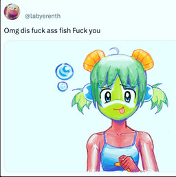 ahoge bubble clothed clothing female fin hair head_fin looking_at_viewer one-piece_swimsuit pigtails profanity red_body simple_background smile solo swimwear text tongue tongue_out white_background alunka salmon_girl_(alunka) animal_humanoid aquatic aquatic_humanoid fish fish_humanoid humanoid salmon salmon_humanoid salmonid_(fish) sockeye_salmon digital_media_(artwork) english_text