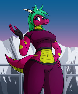 5_fingers anthro big_breasts blue_eyes bottomwear breasts clothed clothing day eyebrows female fence fingerless_gloves fingers gloves green_eyebrows green_hair hair handwear horn low-angle_view mountain multicolored_body navel non-mammal_breasts non-mammal_navel outside pants pink_body scales shirt solo standing tail thick_thighs topwear ventral_scales white_horn wide_hips s7v8 mythology dragon mythological_creature mythological_scalie scalie 5:6 shaded