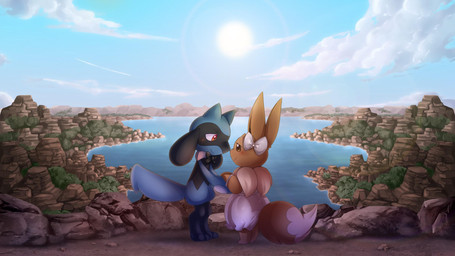 accessory blush bow_(feature) bow_accessory bow_ribbon bow_tie bracelet clothing cloud day detailed_background dress duo eye_contact female feral hair_accessory hair_bow hair_ribbon half-closed_eyes hand_holding holding_paws jewelry lake landscape looking_at_another male male/female narrowed_eyes outside plant ribbons rock smile sun legendkairi nintendo pokemon pokemon_mystery_dungeon spike_chunsoft eevee generation_1_pokemon generation_4_pokemon pokemon_(species) riolu 16:9 hi_res widescreen