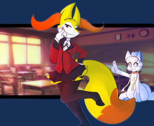 ambiguous_gender anthro blue_sclera card clothing duo female femboy fingers fur gesture gloves_(marking) hair hand_gesture markings multicolored_body multicolored_fur orange_body orange_eyes orange_fur orange_nose school school_uniform thumbs_up uniform white_body white_eyes white_fur white_hair yellow_body yellow_fur kitsunekotaro nintendo pokemon braixen_vesta_(kitsunekotaro) alolan_form alolan_vulpix braixen canid canine generation_6_pokemon generation_7_pokemon mammal pokemon_(species) regional_form_(pokemon) alpha_channel male_(lore)