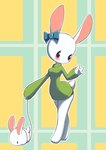 age_difference anthro blue_bottomwear blue_clothing blush bottomwear bow_(feature) breasts brother_(lore) brother_and_sister_(lore) bunbun_npc_(undertale) button_eyes cinnamon_(undertale) clothing domestic_pet duo female feral fur furries_with_pets gesture green_clothing green_sweater green_topwear hi_res hotpants lagomorph leash leporid long_sleeves mammal miniskirt no_shoes rabbit rabbit_ears scut_tail short_tail shorts sibling_(lore) sister_(lore) skirt sleeves_past_wrists solo_focus standing sweater sweater_dress tail thick_thighs topwear undertale undertale_(series) unousaya walking waving waving_hand white_body white_fur wide_hips young