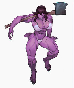 abs anthro axe battle_axe big_breasts big_muscles bikini breasts chalk claws clothed clothing female freckles hair muscular muscular_anthro muscular_female muscular_thighs navel orange_sclera partially_clothed purple_body purple_hair purple_scales scales short_tail skimpy smile solo swimwear tail two-piece_swimsuit weapon_over_shoulder mihail_dava deltarune undertale_(series) susie_(deltarune) reptile scalie absurd_res hi_res