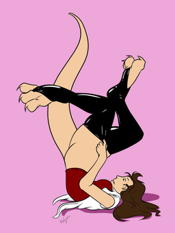 3_toes brown_hair butt claws clothed clothing digitigrade feet female female_humanoid glistening glistening_clothing hair latex latex_clothing latex_legwear legs_in_air legwear lying on_back partially_clothed paws pink_background putting_on_clothes shirt simple_background solo tail text toes topwear halcy0n rayne_(halcy0n) animal_humanoid humanoid reptile reptile_humanoid scalie scalie_humanoid 2015 artist_name colored shaded signature
