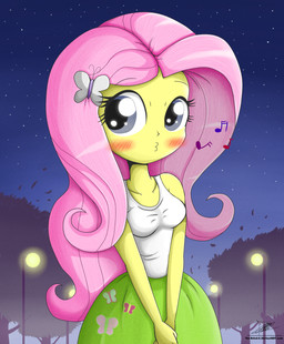 blue_eyes blush bottomwear breasts clothed clothing cutie_mark female hair human_only lights long_hair night not_furry outside pink_hair plant skirt sky solo star starry_sky tree whistling the-butcher-x equestria_girls hasbro my_little_pony fluttershy_(eg) human mammal 2013 grandfathered_content hi_res