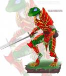 anthro armor bag bandage belt blue_eyes green_body green_skin holding_melee_weapon holding_object holding_sword holding_weapon looking_at_viewer male melee_weapon simple_background smile solo standing sword weapon white_background white_body white_skin zoom_layer pocketcookie amphibian frog