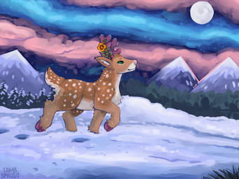 ambiguous_gender aurora_(phenomenon) brown_body brown_fur detailed_background ear_tuft feral flower flower_on_horn fur grass hoofprint hooves horn lgbt_pride moon mountain painted_background plant pride_colors purple_hooves purple_horn snow snow_on_trees solo spots transgender_pride_colors tree tuft white_body white_fur conditional_dnp lustylamb aspen_(klayter) deer mammal absurd_res hi_res