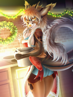 anthro breasts cooking female food fur holidays horn lights smile solo tail yellow_eyes yellow_nose christmas mythology dragon furred_dragon furred_scalie mythological_creature mythological_scalie scalie 3:4 hi_res
