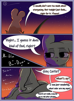 ambiguous_gender anthro blue_border blush border dialogue duo grass inner_monologue plant semi-anthro sitting sky speech_bubble star star_gazing starry_sky text thinking cutie_clanket rain_world videocult cutie_clover juniper_bloom slugcat comic english_text hi_res female_(lore) male_(lore)