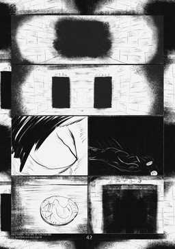 6_panel_comic ambiguous_gender black_hair clothing coin corridor eyebrows fingers floor gloves hair handwear motion_lines page_number solo text wall_(structure) white_sclera white_text leprzil mammal 2026 artist_name comic english_text hi_res monochrome url male_(lore)
