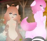 anthro breasts brown_body brown_fur brown_hair butt clothing duo female female_focus fur hair legwear nipples pattern_clothing pattern_legwear pink_body pink_hair small_breasts striped_clothing striped_legwear stripes mochagato sawavhs_(artist) canid canine fox humanoid mammal hi_res