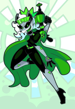 anthro black_sclera black_teeth cape clothing eyewear female glasses green_pupils hazard_symbol pupils radiation_symbol ranged_weapon raygun solo symbol teeth weapon rexon02 atomica_chernobelle canid canine canis mammal wolf absurd_res green_theme hi_res
