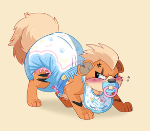 ambiguous_gender angry bib big_diaper blue_eyes blush clothing cross-popping_vein diaper embarrassed front_view fur object_in_mouth orange_background orange_body orange_fur pacifier pacifier_in_mouth quadruped simple_background solo jupiters nintendo pokemon canid canine generation_1_pokemon growlithe mammal pokemon_(species) 2022