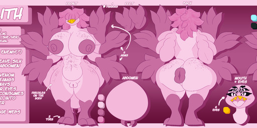 2_toes 4_fingers 6_arms abs anthro anus arthropod_abdomen big_breasts big_butt bottomwear breasts butt clothing crop_top cropped_sweater erect_nipples feet female fingers freckled_breasts freckled_butt freckles fur genitals hair hair_covering_face hair_over_eye hair_over_eyes multi_arm multi_eye multi_limb multicolored_body multicolored_fur muscular muscular_anthro muscular_female nipples pants pink_body pink_hair puffy_anus shirt simple_background solo teeth text toes topwear two_tone_body two_tone_fur vaginal vulva yellow_teeth sokoyo_owo lilith_(sokoyo_owo) arachnid arthropod mammal spider absurd_res english_text hi_res model_sheet