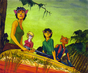 anthro black_eyes blue_eyes boat clothing detailed_background female forest green_eyes group gun handgun holding_gun holding_object holding_ranged_weapon holding_weapon jungle male outside plant ranged_weapon revolver sky swamp torn_clothing tree vehicle water watercraft weapon unknown_artist hanna-barbera swat_kats callie_briggs felina_feral jake_clawson domestic_cat felid feline felis mammal character_request