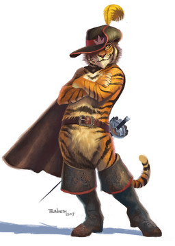 anthro confident cosplay crossed_arms fluffy male melee_weapon rapier shadow simple_background smile solo standing sword weapon white_background trunorth dreamworks puss_in_boots_(franchise) fan_character puss_in_boots_(dreamworks) bengal_tiger felid mammal pantherine tiger signature