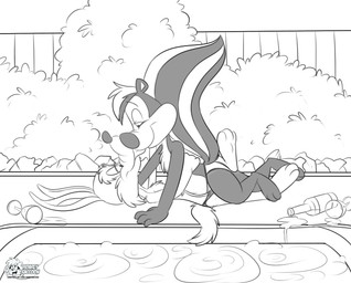 3_toes 4_fingers alcohol all_fours anthro beverage clothing drunk duo eye_contact face_lick feet fingers half-closed_eyes kissing licking looking_at_another lying male male/male narrowed_eyes romantic romantic_ambiance speedo substance_intoxication swimming_pool swimwear toes tongue tongue_out wine roarey_raccoon looney_tunes warner_brothers pepe_le_pew wile_e._coyote canid canine canis coyote mammal mephitid skunk 2013 black_and_white hi_res monochrome signature