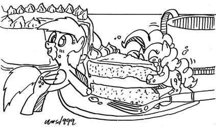 cake clothing container cup cutlery dessert duo female feral food fork hat headgear headwear kitchen_utensils micro quadruped simple_background tail tools white_background wasd999 friendship_is_magic hasbro my_little_pony derpy_hooves_(mlp) pinkie_pie_(mlp) earth_pony equid equine horse mammal pony black_and_white monochrome