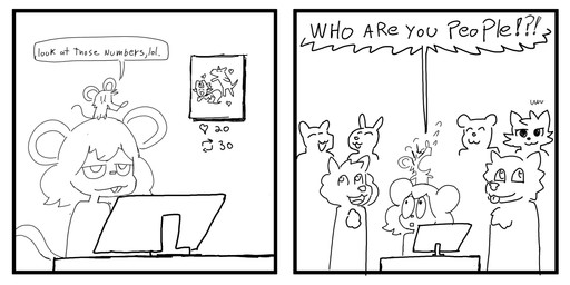 2_panel_comic ambiguous_gender anthro breaking_the_fourth_wall buckteeth computer confusion duo electronics feral fur furniture group hair humor social_media teeth text uwu wide_eyed yelling edstuff boy_kisser_(meme) artist_self-insert silly_cat_(mauzymice) canid canine domestic_cat felid feline felis mammal mouse murid murine rodent 2026 absurd_res black_and_white comic digital_media_(artwork) english_text hi_res meme monochrome sketch