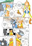 blue_eyes blush buizel comic duo eating english_text felid female feral floatzel food forest fruit generation_4_pokemon kemono luxio luxray male mammal mikaduki_karasu mustelid nintendo outside plant pokemon pokemon_(species) redoxx river rozelyn_the_floatzel_(mischievous-skunk) smile text third-party_edit translated tree water yellow_eyes