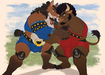 afro barry_williams batu_ganbaatar hooves male mane mongolian_clothing wrestling flufflecraft chinese_zodiac rock_e_rumble bovid bovine cattle equid equine horse mammal hi_res