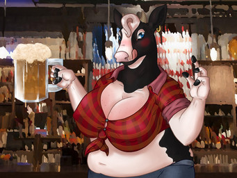 alcohol anthro bar_counter bedroom_eyes beer belly beverage big_belly big_breasts big_butt black_nails black_spots blue_eyes blush bottomwear breasts butt clothed clothing collared_shirt colored_nails container counter cup denim denim_bottomwear denim_clothing denim_shorts drunk ear_piercing ear_ring female fingers foam hooved_fingers hooves horn hotpants huge_breasts licking licking_lips licking_own_lips midriff nails narrowed_eyes navel nipple_outline overweight overweight_anthro overweight_female pattern_clothing pattern_shirt pattern_topwear piercing pink_nose plaid plaid_clothing plaid_shirt plaid_topwear ring_piercing rolled_up_sleeves seductive self_lick shirt shorts smile solo spots substance_intoxication thong tied_shirt tight_clothing tongue tongue_out topwear underwear wide_hips fahnthegoat abigail_(fahnthegoat) bovid bovine cattle dairy_cattle holstein_friesian_cattle mammal 4:3 hi_res