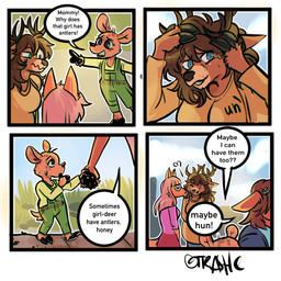 4_panel_comic anthro antlers awkward brown_clothing brown_shirt brown_sweater brown_topwear clothing dialogue embarrassed female gesture hair hand_gesture horn kissing kissing_cheek long_hair long_sleeve_shirt long_sleeve_sweater overalls pointing pointing_at_another shirt smile speech_bubble sweater text topwear trashcamell peanut_(trashcamell) deer mammal 1:1 comic english_text hi_res trans_(lore) trans_woman_(lore)