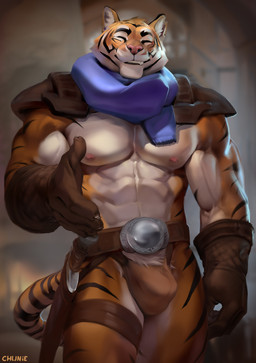 abs anthro armor biceps black_stripes bottomwear bulge clothed clothing detailed_background eyes_closed fur gloves handwear loincloth looking_at_viewer male male_anthro melee_weapon mostly_nude muscular muscular_anthro muscular_male nipples orange_body orange_fur sheathed_weapon skimpy smile solo stripes sword weapon white_body white_fur chunie guild_master_(chunie) felid mammal pantherine tiger 2020 adobe_photoshop_(artwork) digital_media_(artwork) digital_painting_(artwork) hi_res painting_(artwork)