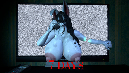 big_breasts big_nipples black_hair breasts electronics female hair half-closed_eyes hieroglyph_tattoo huge_breasts inside long_ears long_hair looking_at_viewer narrowed_eyes nipples phone solo television text white_body white_eyes joker0 bom39_(modeler) sadako_(bom39) lagomorph leporid mammal rabbit 16:9 3d_(artwork) digital_media_(artwork) hi_res source_filmmaker_(artwork) widescreen