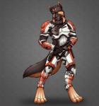 4_toes anthro armor barefoot blaster blaster_rifle claws digitigrade feet grey_background paws republic_trooper simple_background solo toes weapon clemikou star_wars magarnan canid canine canis domestic_dog german_shepherd herding_dog mammal pastoral_dog hi_res